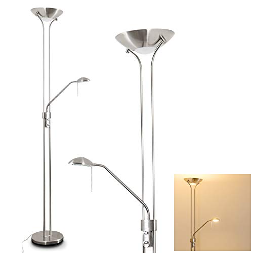 LED Stehlampe Rom aus Metall in Nickel-matt, dimmbare Stehleuchte Drehdimmer am Gehäuse, 1 x 18 Watt, 1600 Lumen u. 1 x 5 Watt, 480 Lumen, 3000 Kelvin (warmweiß), Deckenfluter m. verstellbarem Lesearm von HOFSTEIN