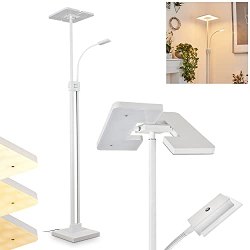 LED Stehleuchte Janze, dimmbare Stehlampe aus Metall/Kunststoff in Weiß, Bodenlampe mit An-/Ausschalter am Gehäuse, Tastdimmer und verstellbarem Lesearm, 26 + 3 Watt, 3500 Lumen (insg.), 3000 Kelvin von HOFSTEIN