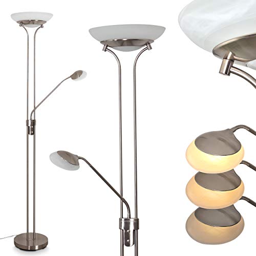 LED Stehleuchte Mairoa, Bodenlampe aus Metall in Nickel matt, moderne Stehlampe mit An-/Ausschalter am Gehäuse und stufenlos dimmbar, 1 x LED 27 Watt, max. 3150 Lumen, 3000 Kelvin, mit Lesearm von HOFSTEIN