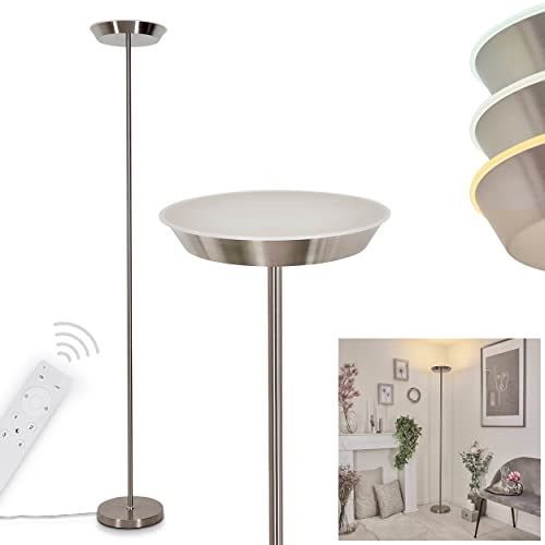 LED Stehleuchte Theron, dimmbare Stehlampe aus Metall/Kunststoff in Nickel-matt/Weiß m. Fernbedienung u. Bluetooth, Steuerbar m. Smart App, Fußschalter am Kabel, 18 Watt, 1300 Lumen, 3000-6000 Kelvin von HOFSTEIN