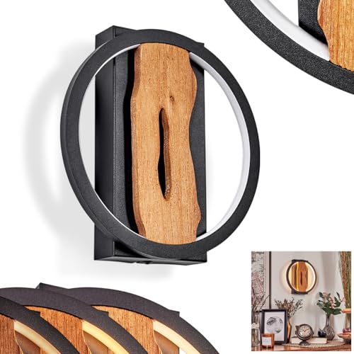 LED Wandleuchte Cornol, dimmbare Wandlampe aus Metall/Holz in Schwarz/Natur, Leuchte im modernen Design mit rundem Schirm (Ø 22 cm), dimmbar über Lichtschalter, 3000 Kelvin, 1700 Lumen, 12 Watt von HOFSTEIN