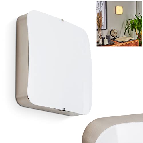 LED Wandleuchte Hutton, moderne Wandlampe aus Metall/Glas in Nickel-matt/Weiß, eckige Leuchte mit Schirm aus Echtglas, Lichtfarbe 3000 Kelvin (warmweiß), 950 Lumen, 1-flammig, 1 x LED 11 Watt von HOFSTEIN