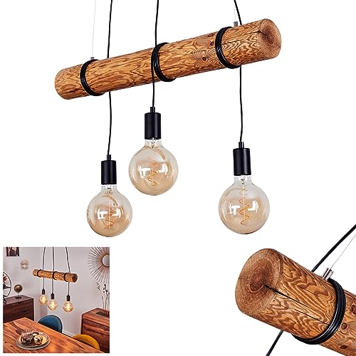 Pendelleuchte Canedo, 3-flammige Hängelampe aus Metall/Holz in Schwarz/Braun im skandinavischen Design, Hängeleuchte mit Holzstab und Fassungen aus Metall, 3 x E27, ohne Leuchtmittel von HOFSTEIN