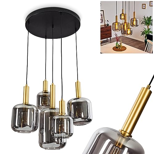 Pendelleuchte Maliali, 5-flammige Zimmerlampe aus Metall in schwarz-goldfarben, Retro Look Hängelampe mit Rauchglas-Schirm, 5 x E27 max. 40 Watt, Höhe max. 220 cm, für LED Leuchtmittel geeignet von HOFSTEIN