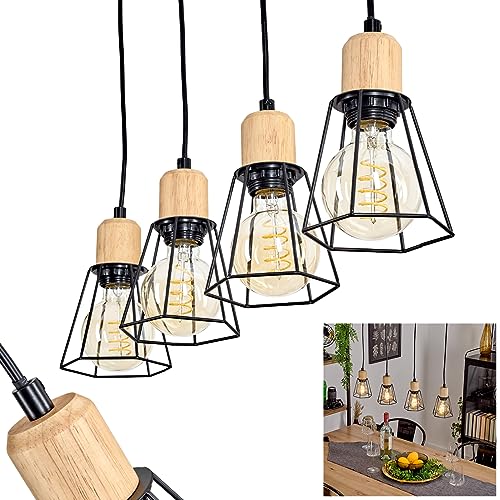 Pendelleuchte Marwayne, Hängelampe aus Metall/Holz in Schwarz/Natur im Vintage-Design, Retro Hängeleuchte mit 4 Leuchtenschirmen in Gitter-Optik, Höhe max. 120 cm, 4-flammig, 4 x E27,ohne Leuchtmittel von HOFSTEIN