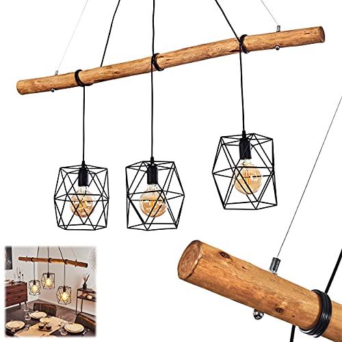 HOFSTEIN Pendelleuchte Seegaard, Hängelampe aus Metall/Holz in Schwarz/Braun, 3-flammig, 3 x E27, moderne Hängeleuchte, Höhenverstellbar bis max, 122 cm, für Wohnzimmer Esszimmer Küche von HOFSTEIN