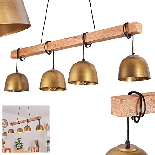 HOFSTEIN Pendelleuchte Sontey, Hängelampe aus Metall/Holz in Natur/Messingfarben, 4x E27, verstellbare Hängeleuchte m. Holzbalken u. runden Schirmen (Ø29cm), Höhe max 140cm, Esszimmer-Wohnzimmer-Küche von HOFSTEIN