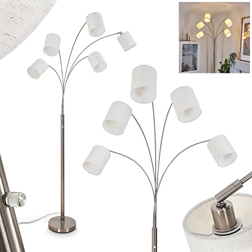 Stehleuchte Antillo, runde Bodenlampe aus Metall in Nickel-matt und weißen Stoffschirmen, 5-flammige Standlampe, 5 x E14 max. 25 Watt, Leuchtenköpfe sind verstellbar, mit An-/Ausschalter am Gehäuse von HOFSTEIN