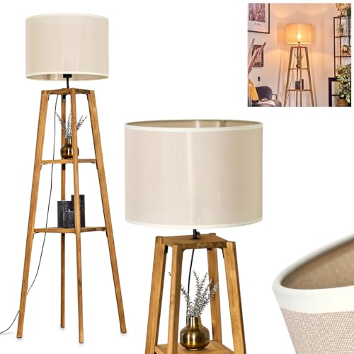 Stehleuchte Bassagoda, Stehlampe aus Holz/Stoff in Natur/Beige, Leuchte im skandinavischen Design mit rundem Schirm (Ø 40 cm), Ablageflächen u. Fußschalter, Höhe 151 cm, 1 x E27, ohne Leuchtmittel von HOFSTEIN