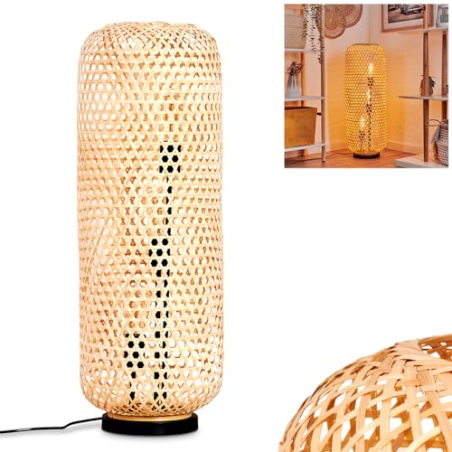 Stehleuchte Bauro, moderne Stehlampe aus Metall/Rattan in Schwarz/Natur, Leuchte im Boho-Design mit Schirm in Gitter-Optik, An-/Ausschalter am Kabel und Lichteffekt, 3 x E27, ohne Leuchtmittel von HOFSTEIN