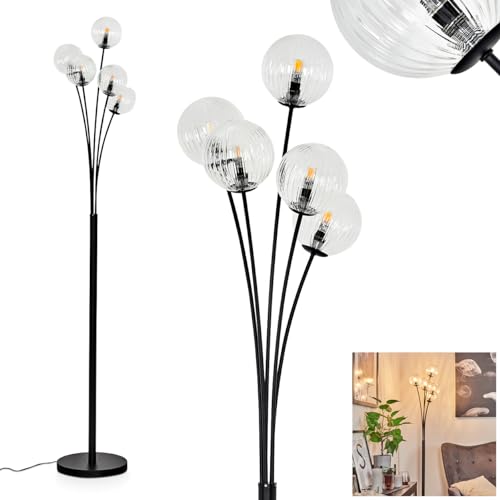 Stehleuchte Bernado, dimmbare Stehlampe aus Metall/Glas in Schwarz/Klar/Riffelglas, Standleuchte mit Glaskugeln (Ø 12 cm), Höhe 174,5 cm, stufenlos dimmbar über Fußschalter, 5 x G9, ohne Leuchtmittel von HOFSTEIN