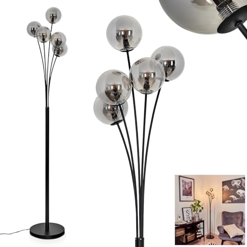 Stehleuchte Bernado, dimmbare Stehlampe aus Metall/Glas in Schwarz/Rauchfarben, Standleuchte mit Glaskugeln (Ø 12 cm), Höhe 174,5 cm, stufenlos dimmbar über Fußschalter, 5 x G9, ohne Leuchtmittel von HOFSTEIN