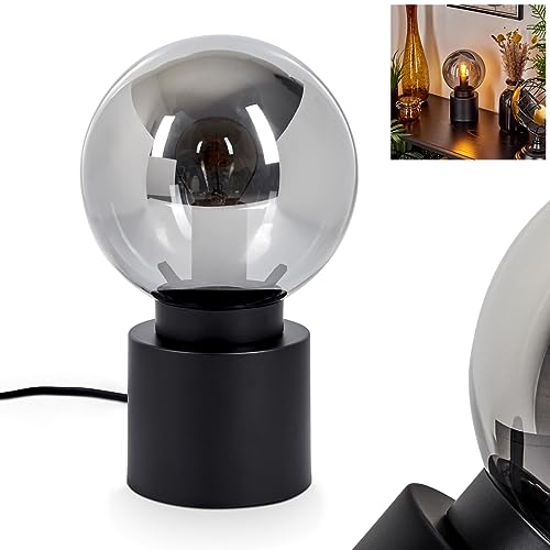Tischleuchte Flawil, moderne Nachttischlampe aus Metall/Glas in Schwarz/Rauchfarben, runde Tischlampe mit Schirm aus Glas, Ø 15 cm, Höhe 24,5 cm, m. An-/Ausschalter am Kabel, 1x E14, ohne Leuchtmittel von HOFSTEIN