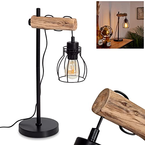 Tischleuchte Gondo aus Metall/Holz in Schwarz/Natur, Retro Tischlampe mit höhenverstallbarem Schirm, E27, Lampe für Büro u. Schreibtisch mit Lichteffekt durch Schirm in Gitter-Optik, ohne Leuchtmittel von HOFSTEIN