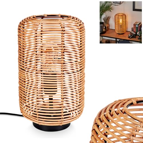 Tischleuchte Mulstrand, moderne Boho Tischlampe aus Metall/Rattan in Schwarz/Natur, Nachttischlampe mit Schirm in Gitter-Optik, An-/Ausschalter am Kabel und Lichteffekt, 1 x E27, ohne Leuchtmittel von HOFSTEIN