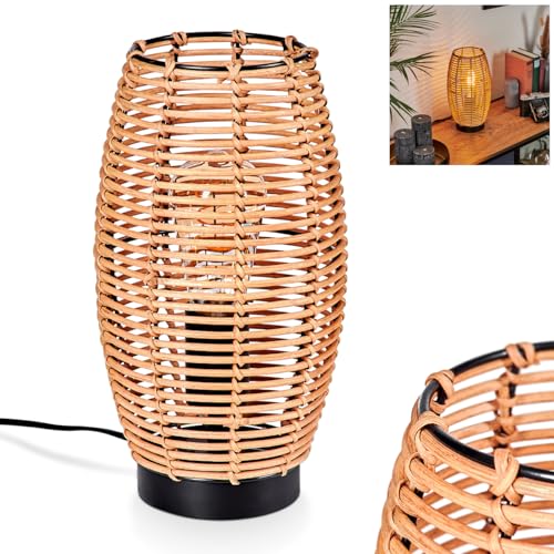 Tischleuchte Mulstrand, moderne Boho Tischlampe aus Metall/Rattan in Schwarz/Natur, Nachttischlampe mit Schirm in Gitter-Optik, An-/Ausschalter am Kabel und Lichteffekt, 1 x E27, ohne Leuchtmittel von HOFSTEIN