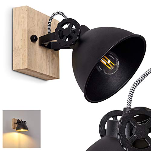 Wandlampe Svanfolk, Wandleuchte aus Metall und Holz in Schwarz/Natur, 1-flammig, mit verstellbarem Strahler, 1 x E14-Fassung, Retro/Vintage Design, ohne Leuchtmittel von HOFSTEIN