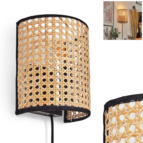 Wandleuchte Abedim, Wandlampe aus Metall/Wiener Geflecht/Rattan in Schwarz/Natur, Wandleuchte im Boho-Design mit Stecker und Schalter, abnehmbares Kabel, UP&Down Lichteffekt, 1x E27, ohne Leuchtmittel von HOFSTEIN