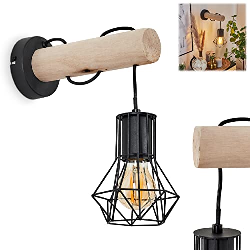 Wandleuchte Bardhaman, Wandlampe aus Metall/Holz in Schwarz/Natur, 1-flammig, 1x E27 max. 40W, Retro/Vintage Wandspot mit Gitter Schirm (Ø 13 cm) und tollem Lichteffekt an der Wand, ohne Leuchtmittel von HOFSTEIN