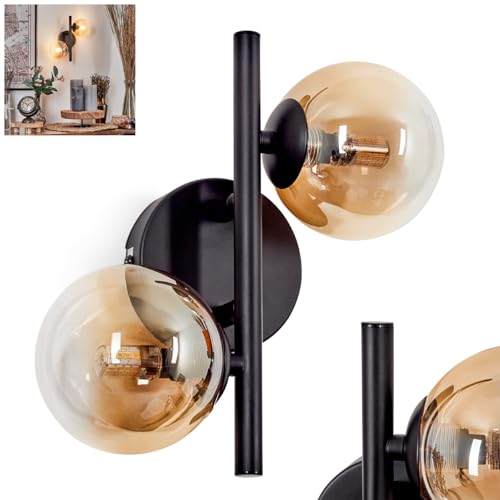 Wandleuchte Chehalis, Wandlampe aus Metall/Glas in Schwarz/Bernstein/Klar, Leuchte im modernen Retro/Vintage-Design m. Schirmen aus Glas (Ø 10cm) u. An/-Auschalter am Gehäuse, 2x G9, ohne Leuchtmittel von HOFSTEIN