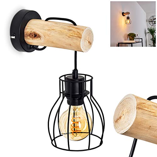 Wandleuchte Gondo, Wandlampe aus Metall/Holz in Schwarz/Natur, 1-flammig, 1 x E27-Fassung, moderner Wandspot in Gitter-Optik m. An-/ Ausschalter am Gehäuse, ohne Leuchtmittel von HOFSTEIN