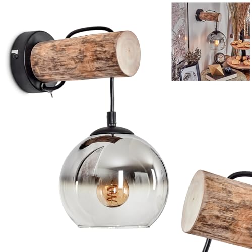 Wandleuchte Koyoto, Wandlampe aus Metall/Holz/Glas in Schwarz/Natur/Chrom/Klar, Leuchte im Retro/Vintage-Design mit Schirm aus Glas (Ø 15 cm) u. An/-Auschalter am Gehäuse, 1 x E27, ohne Leuchtmittel von HOFSTEIN