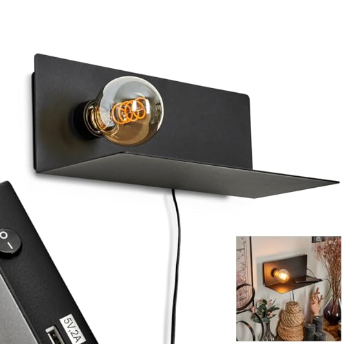 Wandleuchte Lafinur, moderne Wandlampe aus Metall in Schwarz, Wandspot m. An-/ Ausschalter am Gehäuse u. Ablage, USB-Anschluß, ideal für Handy-Aufladung geeignet, 1 x E27, ohne Leuchtmittel von HOFSTEIN