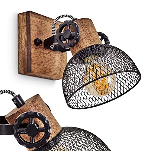 Wandleuchte Orny, Wandlampe im Vintage-Design aus Holz/Metall in Braun/Schwarz m. Schirm in Gitter-Optik, Leuchte m. Holzbalken, Textilkabeln u. verstellbarem Strahler, 1 x E27, ohne Leuchtmittel von HOFSTEIN