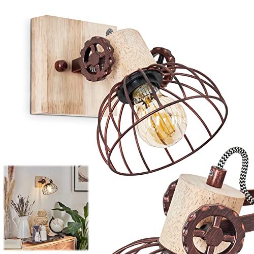 Wandleuchte Orny, Wandlampe Vintage-Design aus Holz/Metall in Natur/Rost m. Lichteffekt, Schirm in Gitter-Optik, Leuchte m. Holzbalken, Textilkabeln u. verstellbarem Strahler, E27, ohne Leuchtmittel von HOFSTEIN