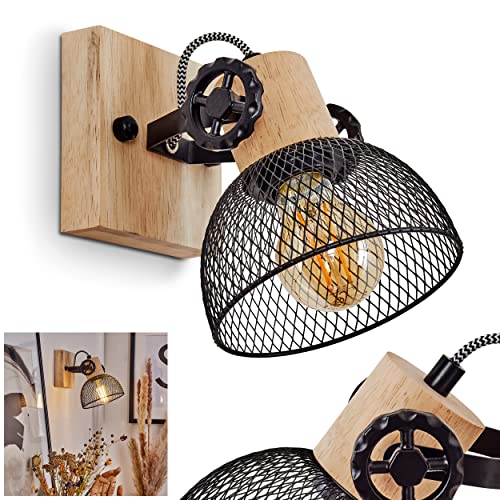 Wandleuchte Orny, Wandlampe im Vintage-Design aus Holz/Metall in Natur/Schwarz, Leuchte in Gitter-Optik m. Lichteffekt u. Holzbalken, Textilkabeln u. verstellbarem Strahler, 1 x E27, ohne Leuchtmittel von HOFSTEIN