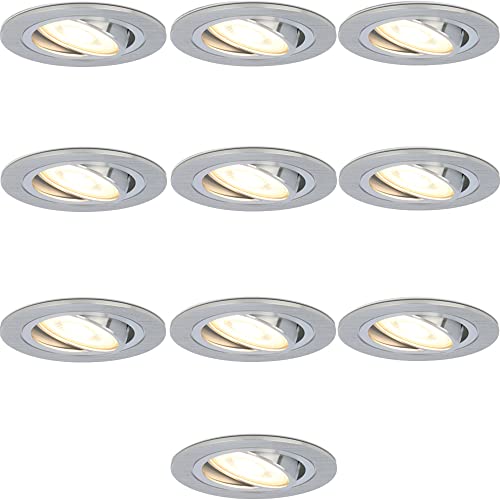 HOFTRONIC - 10er Set LED Einbaustrahler Gebürstet Aluminium 230V - Schwenkbar und Stufenlos Dimmbar - Einbauleuchten 5 Watt - 400 Lumen - GU10 2700K Warmweiß - Deckenspots Rund (Ø75-80 mm) Flach von HOFTRONIC