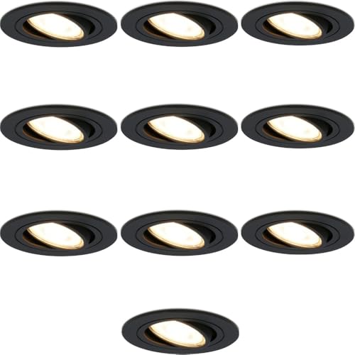 HOFTRONIC - 10er Set LED Einbaustrahler Schwarz 230V - Schwenkbar und Stufenlos Dimmbar - Einbauleuchten 5 Watt - 400 Lumen - GU10 2700K Warmweiß - Deckenspots Rund (Ø75-80 mm) Flach von HOFTRONIC
