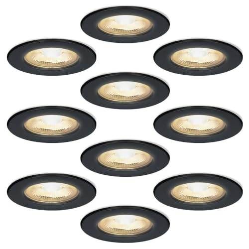 HOFTRONIC 10x Nola - LED Einbaustrahler 68mm Schwarz - IP65 Wasserdicht für Außen, Dachüberstand und Bad - Schwarz - 5W 480lm - 2700K Extra Warmweiß - Deckeneinbauleuchte Einbauspots von HOFTRONIC