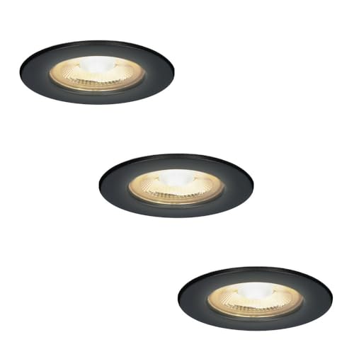 HOFTRONIC 3x Nola - LED Einbaustrahler 68mm Schwarz - IP65 Wasserdicht für Badezimmer, Wohnzimmer und außenbereich - 5W 480lm - 2700K Extra Warmweiß - Deckeneinbauleuchte Einbauspots von HOFTRONIC