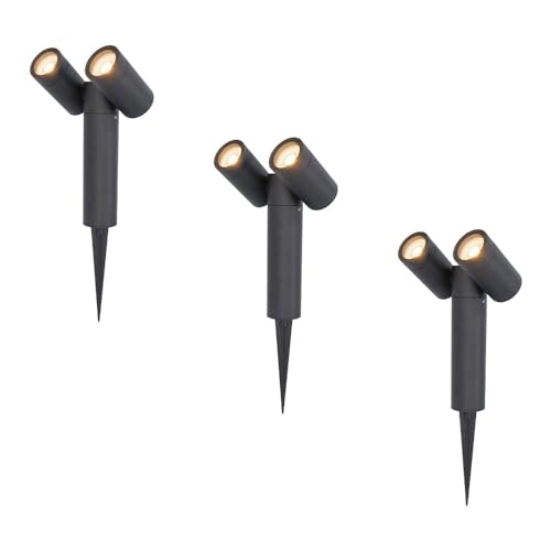 HOFTRONIC - 3er Pinero Doppel LED Gartenstrahler mit Erdspieß - GU10 317° Schwenkbar Dimmbar - 2700K Warmweiß Erdspießstrahler - Bodenstrahler für Bäume, Sträucher, Teich und Pflanzen von HOFTRONIC