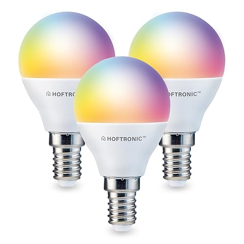 HOFTRONIC - 3er Smart Home E14 LED Lampe P45 - Farbig RGBWW - 5,5 Watt 470 Lumen - WiFi + Bluetooth - Steuerbar via Handy und Sprache (Google Home, Amazon Alexa und Siri) von HOFTRONIC