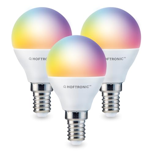 HOFTRONIC - 3er Smart Home E14 LED Lampe P45 - Farbig RGBWW - 5,5 Watt 470 Lumen - WiFi + Bluetooth - Steuerbar via Handy und Sprache (Google Home, Alexa und Siri) von HOFTRONIC