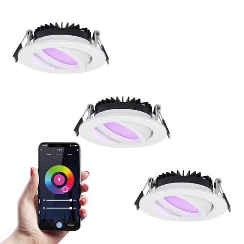 HOFTRONIC - 3x smart LED Einbaustrahler Rome - Weiß - 6 Watt - WLAN & Bluetooth - RGBWW - IP44 - Dimmbar - Kippbar - Ultra flach von HOFTRONIC