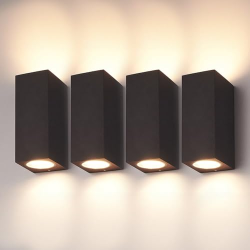 HOFTRONIC - 4-Pack Selma Wandleuchten Schwarz Aussen und Innen - IP65 Wasserdicht - Up Down Eckig - Aluminium - Außenlampe - Außenleuchte Wand - 2x GU10 Fassung - Dimmbar von HOFTRONIC