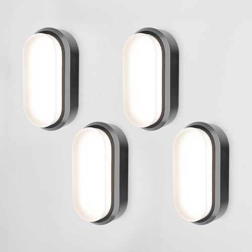 HOFTRONIC 4er Set - C-Series LED Kellerlampe Schwarz - 18W 1830lm Wandleuchte Oval - IP54 LED Feuchtraumleuchte - 4000K Neutralweiß - Wandlampe Deckenlampe für Treppe Flur Keller WC Garage von HOFTRONIC
