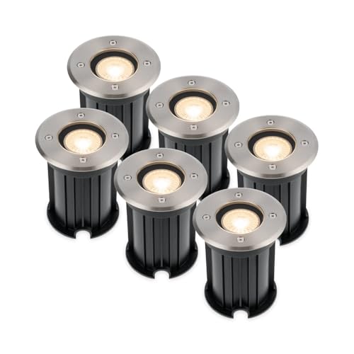 HOFTRONIC - 6er Maisy Terrassen Einbaustrahler GU10 Edelstahl Rund 5 Watt 400 Lumen Boden Licht 2700K Extra Warmweiß LED Einbauleuchte IP67 Wasserdicht - Dimmbarer Bodeneinbauleuchte außen von HOFTRONIC
