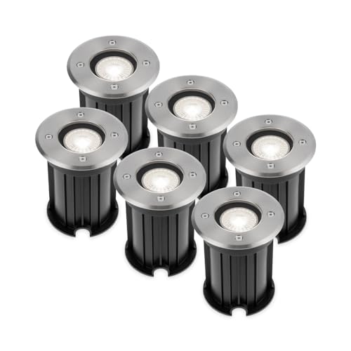 HOFTRONIC - 6er Maisy Terrassen Einbaustrahler GU10 Edelstahl Rund 5 Watt 400 Lumen Boden Licht 6000K Extra Kaltweiß LED Einbauleuchte IP67 Wasserdicht - Dimmbarer Bodeneinbauleuchte außen von HOFTRONIC