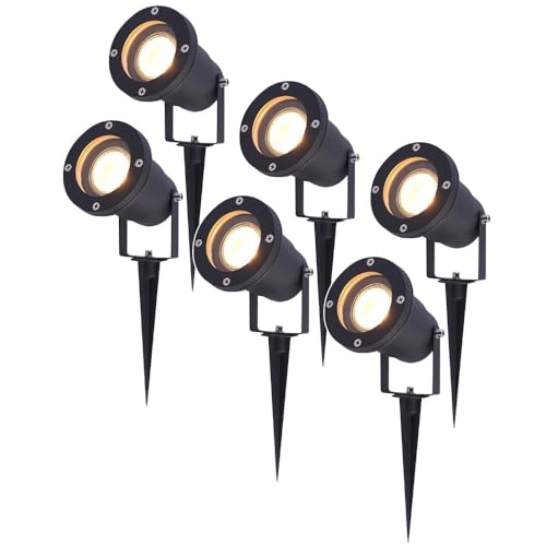 HOFTRONIC - 6er Syndey XL LED Gartenstrahler mit Erdspieß für außen - GU10 2700K Warmweiß - 5 Watt 400 lumen Dimmbar - Schwarz aluminium | Profi Led Strahler für Außen Garten Rasen Baum Wiese von HOFTRONIC
