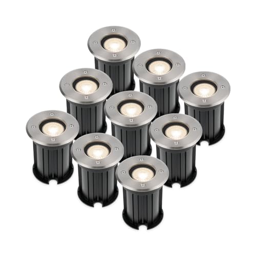 HOFTRONIC - 9er Maisy Terrassen Einbaustrahler GU10 Edelstahl Rund 5 Watt 400 Lumen Boden Licht 4000K Neutralweiß LED Einbauleuchte IP67 Wasserdicht - Dimmbarer Bodeneinbauleuchte außen von HOFTRONIC