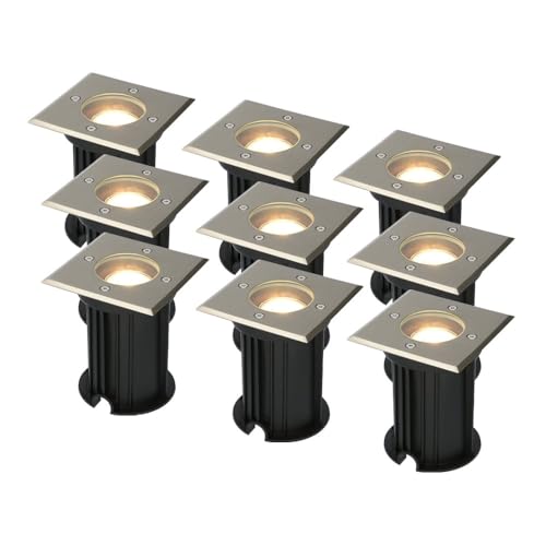 HOFTRONIC - 9er Ramsay Terrassen Einbaustrahler GU10 Edelstahl Eckig 5 Watt 400 Lumen Boden Licht 2700K Extra Warmweiß LED Einbauleuchte IP67 Wasserdicht - Dimmbarer Bodeneinbauleuchte außen von HOFTRONIC