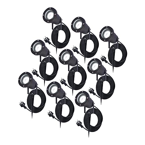 HOFTRONIC 9er Set Sydney - GU10 LED Strahler mit Erdspieß - 1,5M kabel mit Stecker - 5W 450lm - Aluminium Gartenstrahler - IP65 wasserdicht - Tageslichtweiß Außenlampe für Garten, Terrasse, Wegen von HOFTRONIC
