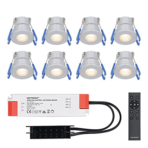 HOFTRONIC - Einbaustrahler Feuchtraum Badezimmer 12V Terrassenüberdachung IP65 Wasserdicht | 8x3W | 8x200 Lumen Warmweiß lichtfarbe Dimmbar mit RF-Fernbedienung. 3W Mini LED Einbaustrahler Flach 35mm von HOFTRONIC