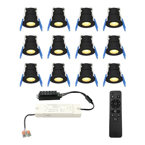 HOFTRONIC - Einbaustrahler Schwarz Feuchtraum Badezimmer 12V Terrassenüberdachung IP65 Wasserdicht | 12x3W 200 Lumen Warmweiß lichtfarbe Dimmbar RF-Fernbedienung. 3W Mini LED Einbaustrahler Flach 35mm von HOFTRONIC