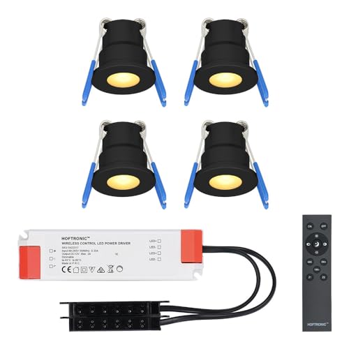 HOFTRONIC - Einbaustrahler Schwarz Feuchtraum Badezimmer 12V Terrassenüberdachung IP65 Wasserdicht | 4x3W 200 Lumen Warmweiß lichtfarbe Dimmbar RF-Fernbedienung. 3W Mini LED Einbaustrahler Flach 35mm von HOFTRONIC