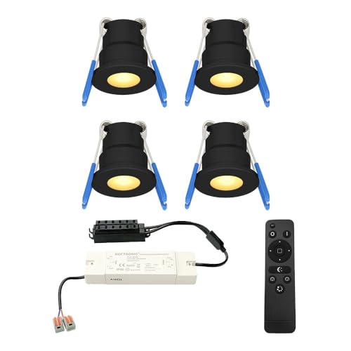 HOFTRONIC - Einbaustrahler Schwarz Feuchtraum Badezimmer 12V Terrassenüberdachung IP65 Wasserdicht | 4x3W 200 Lumen Warmweiß lichtfarbe Dimmbar RF-Fernbedienung. 3W Mini LED Einbaustrahler Flach 35mm von HOFTRONIC